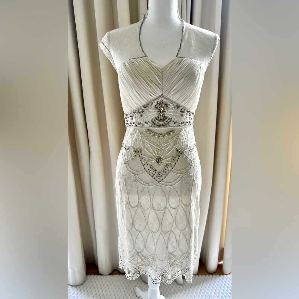 Sue Wong Cream Embellished Midi Dress